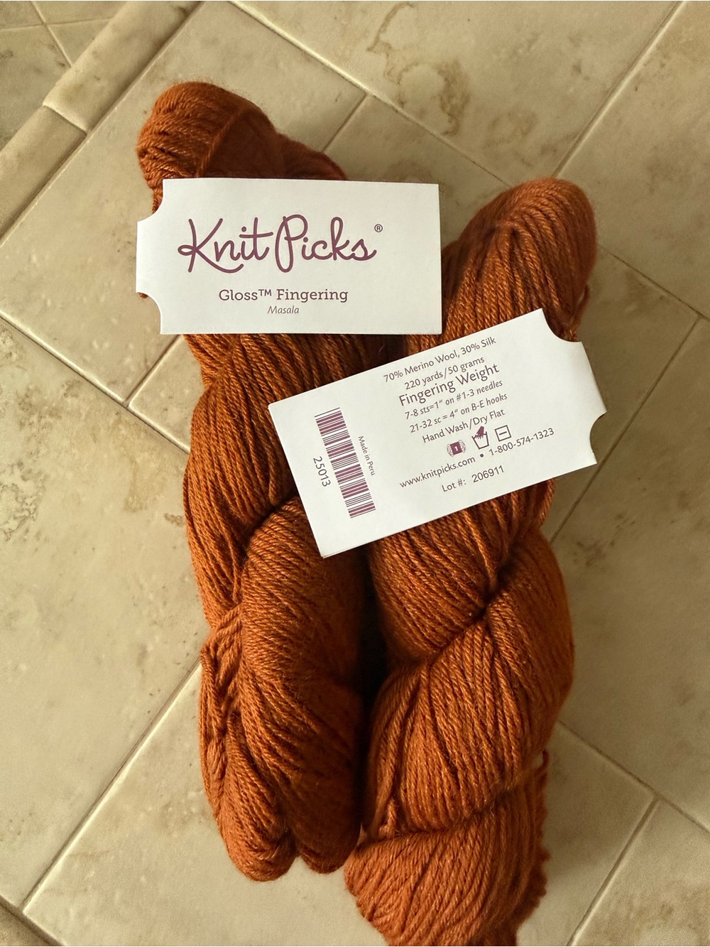 Knit Picks Gloss Fingering Masala Orange Merino/Silk Blend Yarn 2 Hanks